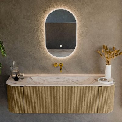 MONDIAZ KURVE-DLUX Meuble de salle de bains 150cm arrondi Gauche + Droite couleur Dusk avec 1 tiroir et 2 portes. Lavabo BIG MEDIUM Central sans trou de robinet Nata.