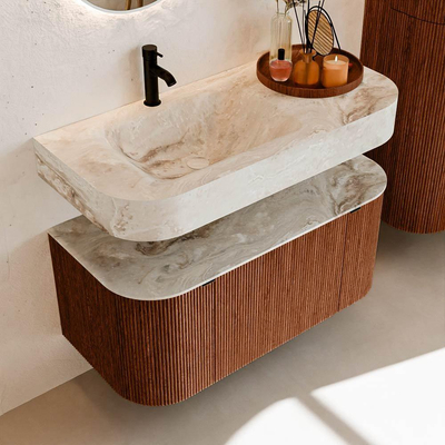 MONDIAZ THOR-DLUX 100cm meuble de salle de bains arrondi gauche + droite couleur Ruby avec 1 tiroir et 2 portes. Vasque suspendue CLOUD Gauche 1 trou de robinet couleur Frappe.