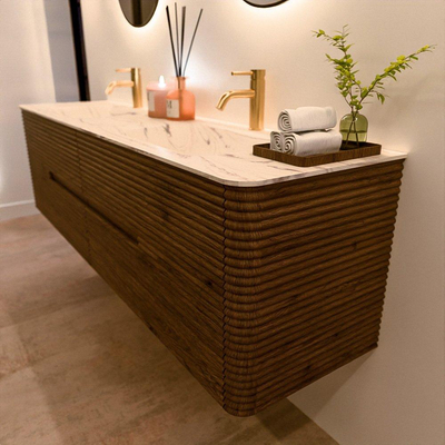 Mondiaz CIRO-DLUX Badkamermeubelset - 180x45x50cm - Solid surface wastafel Nata - 2 wasbak Dubbel - 2 kraangaten - 4 lades - Dusk