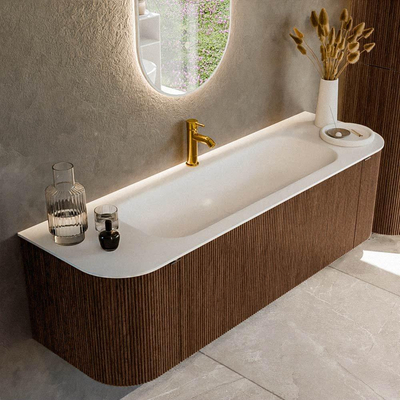 MONDIAZ KURVE 150cm badmeubel met module 25 Len R kleur Walnut met 1 lade en 2 deuren. Wastafel BIG MEDIUM midden 1 kraangat Talc.