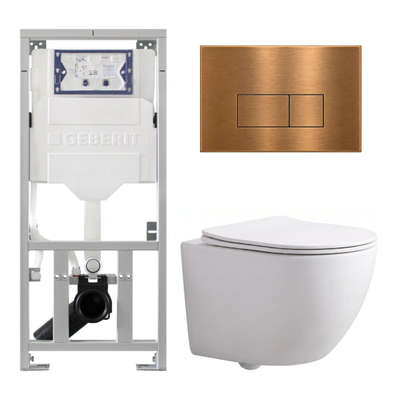 Pack WC QeramiQ Dely Swirl Compact - réservoir encastrable Geberit UP320 - avec bâti-support Burda - abattant slim - plaque de commande en métal cuivre - boutons rectangulaires - blanc mat