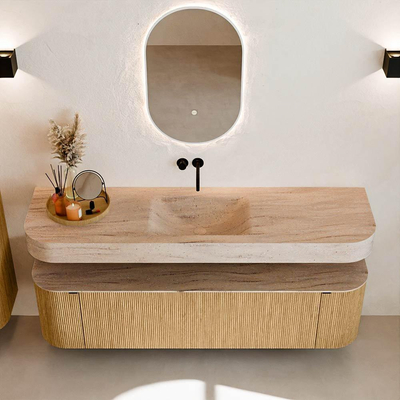 MONDIAZ THOR-DLUX 170cm badmeubel ronding links + rechts kleur Oak met 1 lade en 2 deuren. Vrijhangende wastafel CLOUD Midden zonder kraangat kleur Saba.