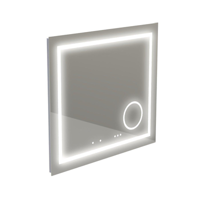 Thebalux miroir modèle I 80x75 aluminium bande lumineuse intégrée tout autour dans le miroir équipée de LED LED indirecte en partie inférieure Bluetooth commande tactile miroir chauffant miroir grossissant éclairé et prise de courant