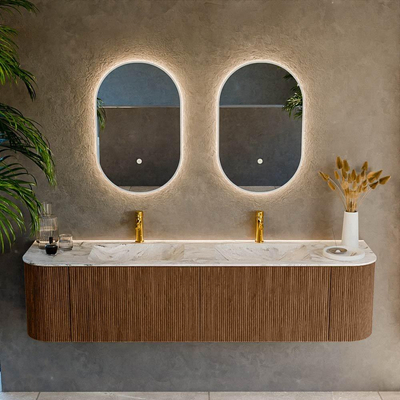 MONDIAZ KURVE-DLUX 180cm Meuble salle de bain avec module 25 G et D - couleur Walnut - 2 tiroirs - 2 portes - vasque LEAF double - 2 trous de robinet - couleur Glace