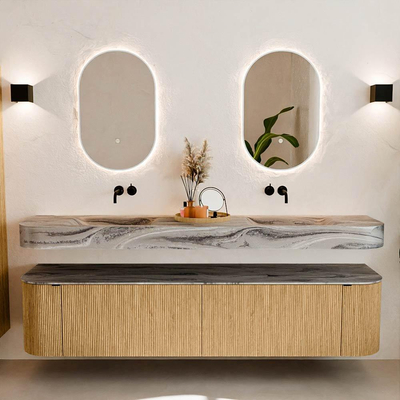 MONDIAZ THOR-DLUX 200cm meuble de salle de bains arrondi gauche + droite couleur Oak avec 2 tiroirs et 2 portes. Vasque suspendue CLOUD Double sans trou de robinet couleur Sombra.