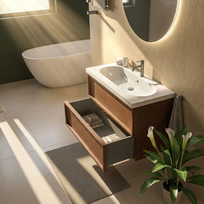 Saniclass Holz Frame Ensemble meuble de salle de bains - 100x45x63.5cm - lavabo en céramique Palermo blanc - 1 vasque - 1 trou de robinetterie - 2 tiroirs - mat walnut pure (bois)