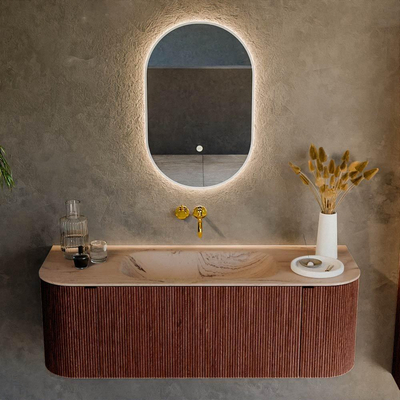 MONDIAZ KURVE-DLUX Meuble de salle de bains 130cm arrondi gauche + droite couleur Ruby avec 1 tiroir et 2 portes. Lavabo BIG SMALL central sans trou de robinet Arena.