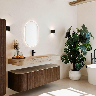 MONDIAZ THOR-DLUX 150cm meuble de salle de bains arrondi gauche + droite couleur Walnut avec 1 tiroir et 2 portes. Vasque suspendue CLOUD Milieu 1 trou de robinet couleur Arena.