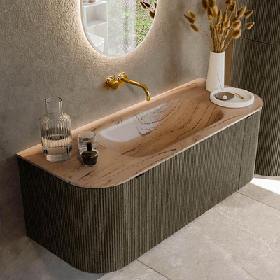 MONDIAZ KURVE-DLUX Meuble de salle de bains 120cm arrondi gauche + droite couleur Shadow avec 1 tiroir et 2 portes. Lavabo BIG SMALL central sans trou de robinet Arena.