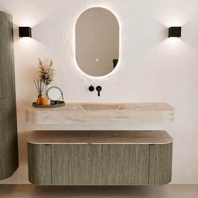 MONDIAZ THOR-DLUX 140cm badmeubel ronding links + rechts kleur Shadow met 1 lade en 2 deuren. Vrijhangende wastafel CLOUD Midden zonder kraangat kleur Saba.