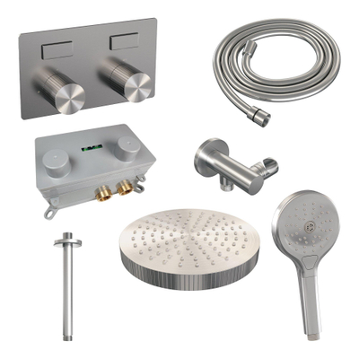 BRAUER Stripe Thermostatische Inbouw Regendouche - drukknoppen - 25cm douchekop - plafondarm - 3-standen handdouche - doucheslang - wandaansluitbocht - RVS-kleurig geborsteld PVD