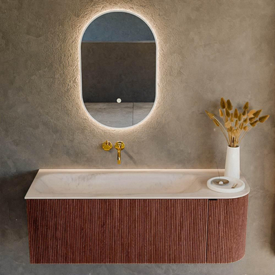 MONDIAZ KURVE-DLUX Meuble de salle de bains 125cm arrondi à droite couleur Ruby avec 1 tiroir et 1 porte. Lavabo BIG MEDIUM à gauche sans trou de robinet Meli.