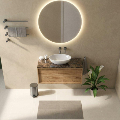 Saniclass Holz Frame Ensemble meuble de salle de bains - 100x45x43cm - plan en pierre naturelle Noche dark emperador - sans trou de robinet - 1 tiroir - chêne natural mat (bois)