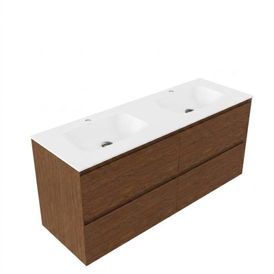 Saniclass Holz Pure Ensemble meuble de salle de bains - 140x45x61.5cm - Flow lavabo en solid surface blanc - 2 vasques - 2 trous de robinet - 4 tiroirs - noyer pure mat (bois)