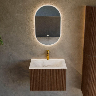 MONDIAZ KURVE-DLUX 60cm badmeubel kleur Walnut met 1 lade. Wastafel CLOUD midden 1 kraangat kleur Frappe.