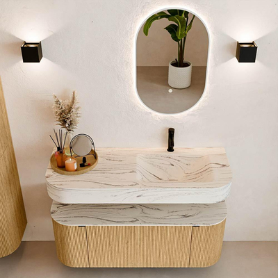 MONDIAZ THOR-DLUX 120cm badmeubel ronding links + rechts kleur Oak met 1 lade en 2 deuren. Vrijhangende wastafel CLOUD Rechts 1 kraangat kleur Nata.