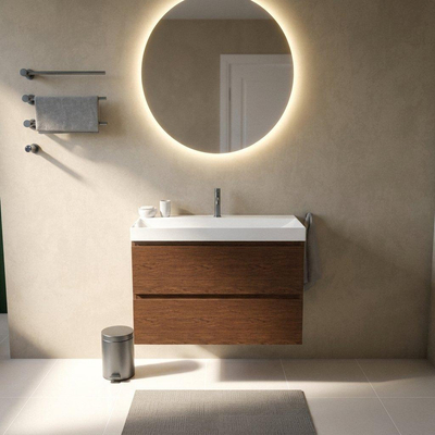 Saniclass Holz Pure Ensemble de meubles de salle de bains - 100x45x67.5cm - lavabo Wave en céramique - 1 vasque - 1 trou de robinetterie - 2 tiroirs - walnut pure mat (bois)