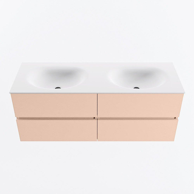 Mondiaz VICA ensemble de meuble de salle de bain - 130cm - meuble sous-vasque rosee - 4 tiroirs - lavabo moon double - sans trous de robinet - version haute de 60cm - talc
