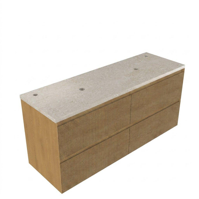 Saniclass Holz Atelier Ensemble de meubles de salle de bains - 140x45x63cm - Plan de travail en pierre naturelle travertin - 2 trous de robinetterie - 4 tiroirs - chêne natural mat (bois)