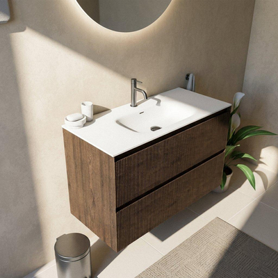 Saniclass Holz Atelier Ensemble meuble de salle de bains - 100x45x61.5cm - Flow vasque en solid surface blanc - 1 vasque - 1 trou de robinet - 2 tiroirs - chêne charcoal mat (bois)