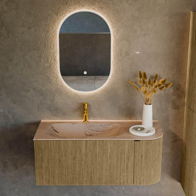 MONDIAZ KURVE-DLUX Meuble de salle de bains 105cm arrondi à droite couleur Dusk avec 1 tiroir et 1 porte. Lavabo BIG SMALL à gauche 1 trou de robinet Arena.
