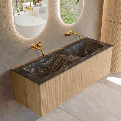 MONDIAZ KURVE-DLUX 130cm badmeubel kleur Oak met 2 lades. Wastafel LEAF dubbel zonder kraangat kleur Lava.