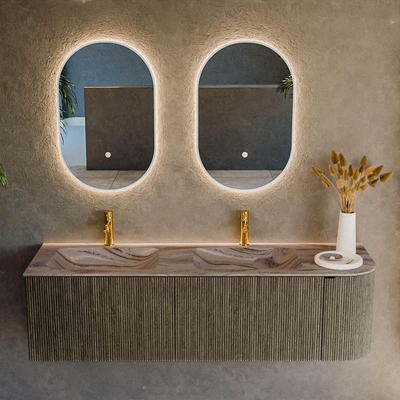 MONDIAZ KURVE-DLUX 155cm badmeubel ronding Rechts kleur Shadow met 2 lades en 1 deur. Wastafel LEAF Dubbel / Links 2 kraangaten Sombra.