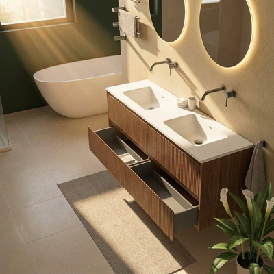 Saniclass Holz Atelier Ensemble meuble de salle de bains - 160x45x77.5cm - lavabo Torino en solid surface blanc - sans trou de robinet - 4 tiroirs - noyer pure mat (bois)