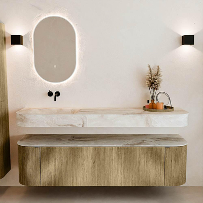 MONDIAZ THOR-DLUX Meuble de salle de bains 170cm arrondi gauche + droite couleur Dusk avec 1 tiroir et 2 portes. Vasque suspendue CLOUD Gauche sans trou de robinet couleur Frappe.