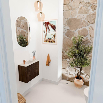 Mondiaz JOYA-DLUX 50cm toiletmeubel - kleur Walnut - Wastafel FAYE positie Links 1 kraangat kleur Ostra.