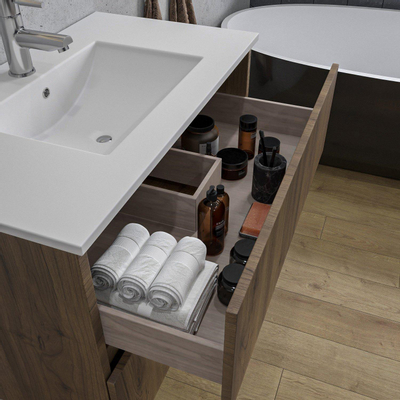 Adema Chaci Ensemble de meuble - 80x46x55cm - 1 vasque en céramique blanche - 1 trou de robinet - 2 tiroirs - armoire de toilette - Noyer