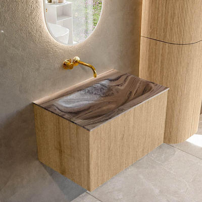 MONDIAZ KURVE-DLUX 70cm badmeubel kleur Oak met 1 lade en 0 deuren. Wastafel BIG SMALL Midden zonder kraangat Sombra.