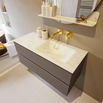 Mondiaz VICA-DLUX ensemble de meuble de salle de bain - 110cm - meuble sous-vasque fumée - 2 tiroirs - lavabo encastré nuage droite - sans trous de robinet - version haute 60cm - opalo