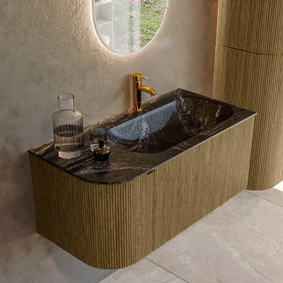 Mondiaz KURVE-DLUX Badkamermeubelset - 95x46x40cm - 1 lade - 1 deur - wastafel solid surface - rechts - 1 kraangat - Dusk