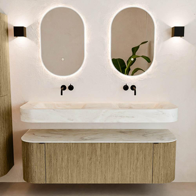 MONDIAZ THOR-DLUX 150cm meuble de salle de bains arrondi gauche + droite couleur Dusk avec 1 tiroir et 2 portes. Vasque suspendue CLOUD Double sans trou de robinet couleur Ostra.