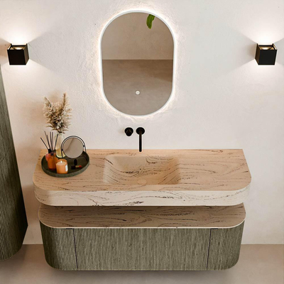 MONDIAZ THOR-DLUX 140cm meuble de salle de bains arrondi gauche + droite couleur Shadow avec 1 tiroir et 2 portes. Vasque suspendue CLOUD Milieu sans trou de robinet couleur Arena.