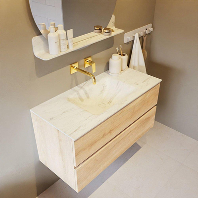 Mondiaz VICA-DLUX ensemble de meuble de salle de bain - 100cm - meuble sous-vasque chêne blanchi - 2 tiroirs - lavabo encastré nuage milieu - sans trous de robinet - version haute 60cm - opalo