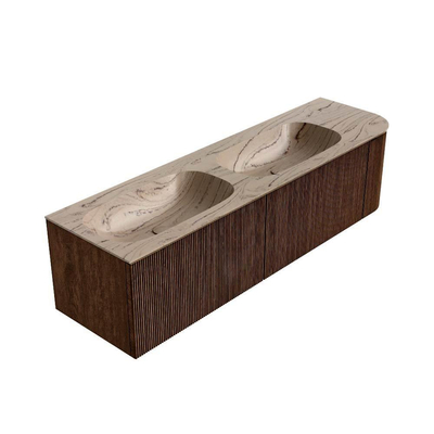 MONDIAZ KURVE-DLUX Meuble de salle de bains 165cm arrondi Droite couleur Walnut avec 2 tiroirs et 1 porte. Lavabo STOR SMALL Double / Gauche sans trou de robinet Arena.