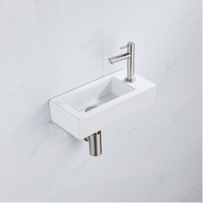 QeramiQ Fuente pack lave-mains – 37,5 x 18,5 x 9 cm – céramique blanc brillant – perçage à droite – robinet inox brossé