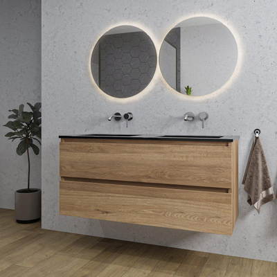 Saniclass Chaci Ensemble meuble de salle de bains - 120x46x55cm - lavabo céramique noir - 2 vasques - sans trous de robinet - 2 tiroirs - chêne