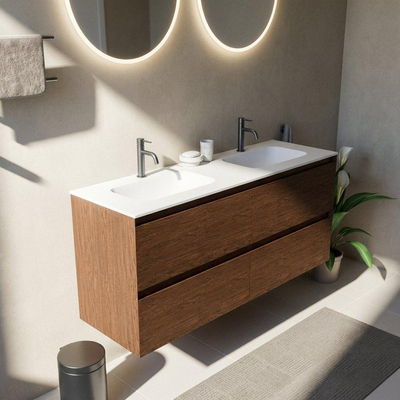 Saniclass Holz Pure Badkamermeubelset - 140x45x61.5cm - Flow solid surface wastafel wit - 2 wasbakken - 2 kraangaten - 4 lades - mat walnut pure (hout)