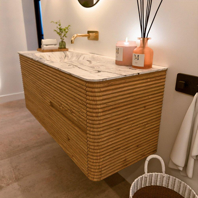 Mondiaz CIRO-DLUX Badkamermeubelset - 120x45x50cm - Solid surface wastafel Glace - 1 wasbak Links - zonder kraangaten - 2 lades - Oak