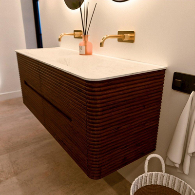 Mondiaz CIRO-DLUX Badkamermeubelset - 130x45x50cm - Solid surface wastafel Opalo - 2 wasbak Dubbel - zonder kraangaten - 4 lades - Ruby