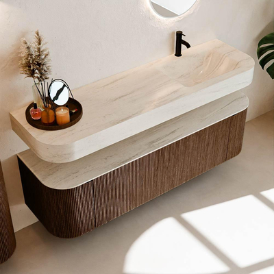 MONDIAZ THOR-DLUX Meuble de salle de bains 160cm arrondi gauche + droite couleur Walnut avec 1 tiroir et 2 portes. Vasque suspendue CLOUD Droite 1 trou de robinet couleur Meli.