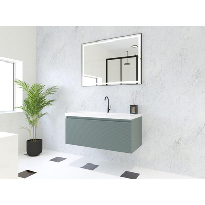 HR Matrix ensemble de meubles de salle de bain 3d 100cm 1 tiroir sans poignée avec bandeau de poignée en couleur petrol matt avec lavabo djazz 1 trou pour robinet blanc