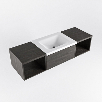 MONDIAZ BUKLA 140cm ensemble de meuble avec module ouvert 40 L+R couleur Marron foncé avec 2 tiroirs. Lavabo CLOUD milieu 0 trous de robinet couleur Talc.