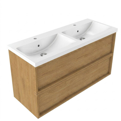 Saniclass Holz Frame Ensemble meuble de salle de bains - 120x45x63.5cm - Bari lavabo en céramique blanc - 2 vasques - 2 trous de robinetterie - 2 tiroirs - chêne natural mat (bois)