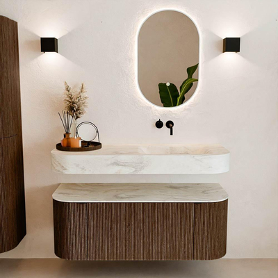 MONDIAZ THOR-DLUX 120cm meuble de salle de bains arrondi gauche + droite couleur Walnut avec 1 tiroir et 2 portes. Vasque suspendue CLOUD droite sans trou de robinet couleur Ostra.