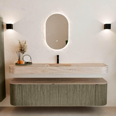 MONDIAZ THOR-DLUX 180cm meuble de salle de bains arrondi gauche + droite couleur Shadow avec 2 tiroirs et 2 portes. Vasque suspendue CLOUD Milieu 1 trou de robinet couleur Saba.