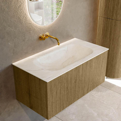 Mondiaz KURVE-DLUX Ensemble de meuble de salle de bains - 90x46x40cm - 1 tiroir - lavabo solid surface - central - sans trou de robinet - Dusk